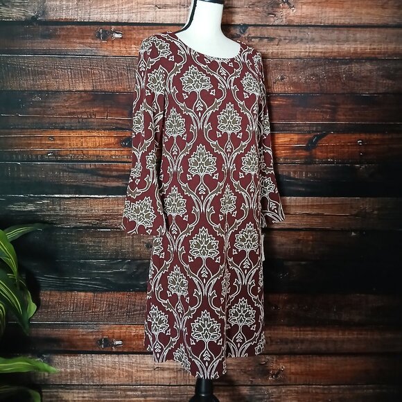 NWT RN Studio Ronni Nicole Dress Small Damask Print Bell Sleeve Keyhole Knit - Picture 9 of 14